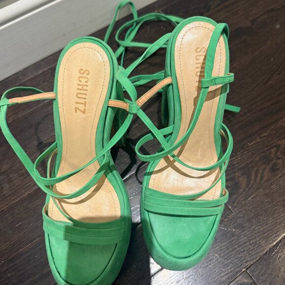 SCHUTZ Lynda Nubuck Gianni Green 70’s Stappy Calf Wrap Sexy Platform Sandals - Picture 2 of 6